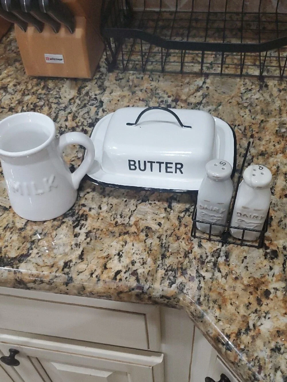 White Ceramic Butter Dish,Salt&Pepper and Milk Pitcher Set - Farmhouse Style